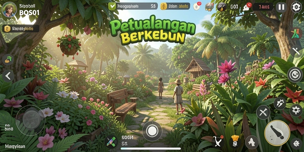 Tampilan gameplay seru di BOS01 dengan kebun yang indah.