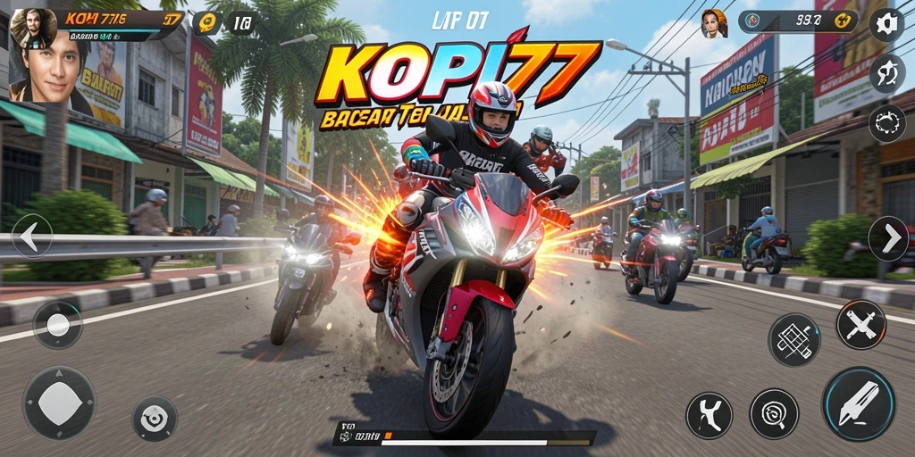 Gameplay KOPI77 menampilkan aksi balapan motor yang seru dan mendebarkan.