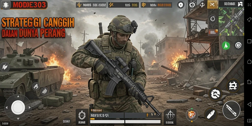 Tampilan gameplay <strong>MODE303</strong> menunjukkan pertarungan strategis yang intens antara pasukan.