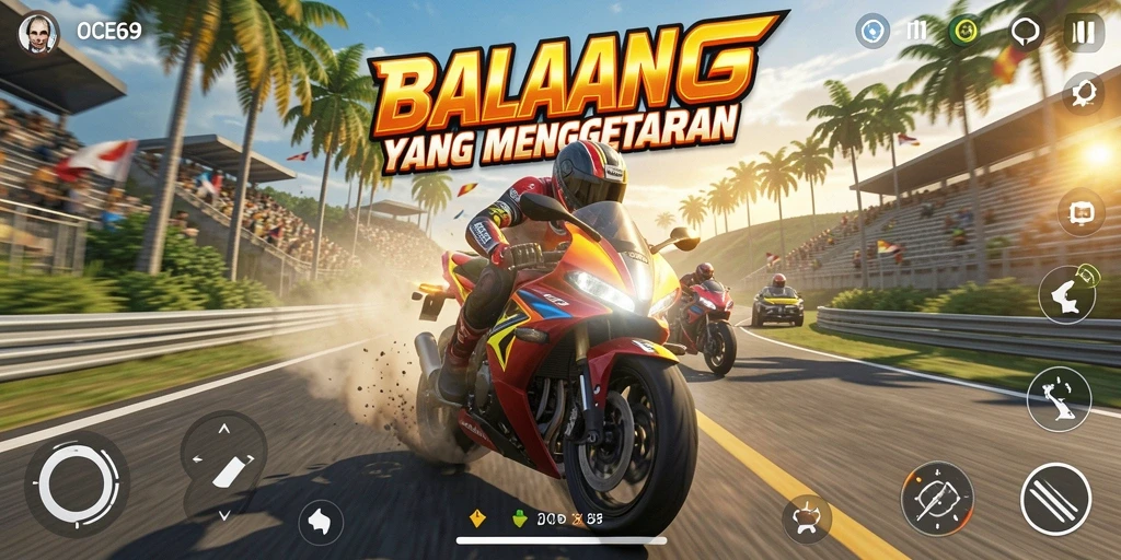 Tampilan gameplay OCE69 dengan balapan motor yang mendebarkan.
