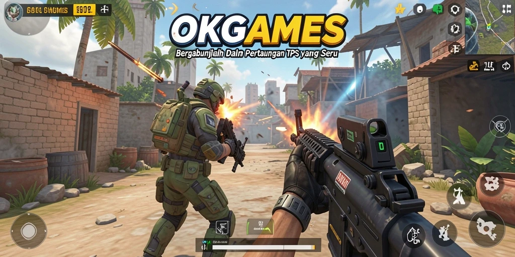 Tangkapan layar OKGAMES menunjukkan aksi tembak-menembak yang mendebarkan.