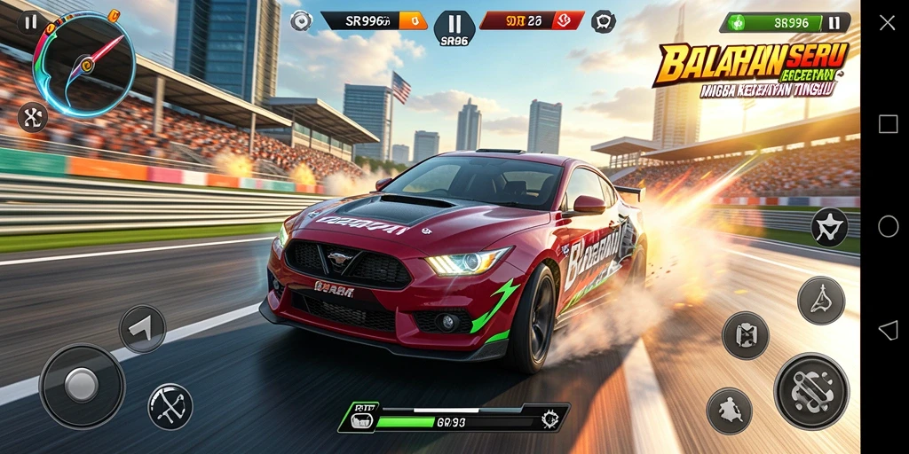 Screenshot gameplay SR996 menampilkan aksi balapan yang mendebarkan