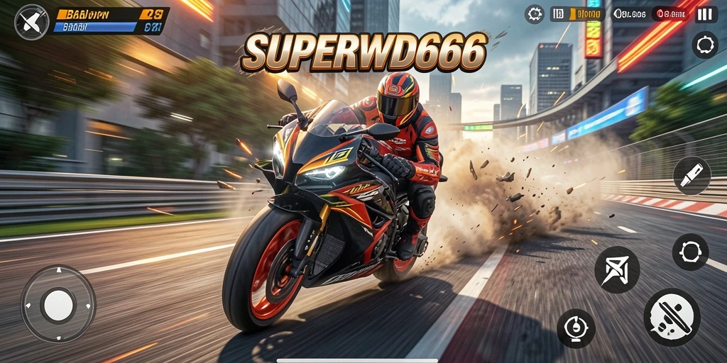Gameplay SUPERWD666 yang mendebarkan dengan berbagai trek balapan.