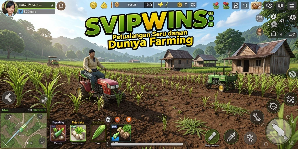 Screenshot utama SVIPWINS menampilkan ladang yang subur dan tanaman yang siap panen.